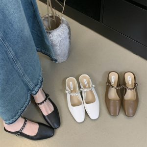 Vintage Low Heel Chain Mary Jane Slippers for Women 2024 Summer French Chain Chunky Heel Mary Jane Shoes