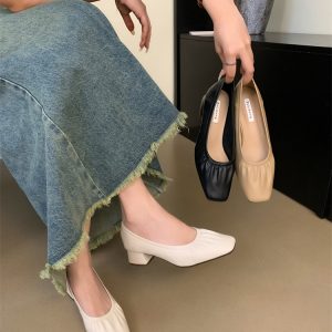 Retro Square Toe Wrinkled Mary Jane Shoes for Women 2024 Summer Simple Low Top Soft Sole Chunky Heel Casual Elegant Slip On