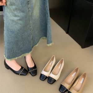 Women's Square Toe Chunky Heel Shoes 2024 Spring Autumn New Style Khaki Black Beige Low Heel Mary Jane Shoes Soft Sole Work Shoes