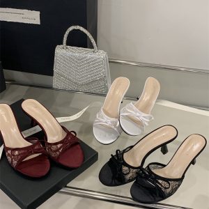2025 Women's Fine Heel High Heel Mesh Bow Slippers 35-39