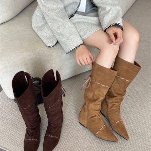 2025 New High Top Pointed Toe Flat Boots Women's Fashion Boots