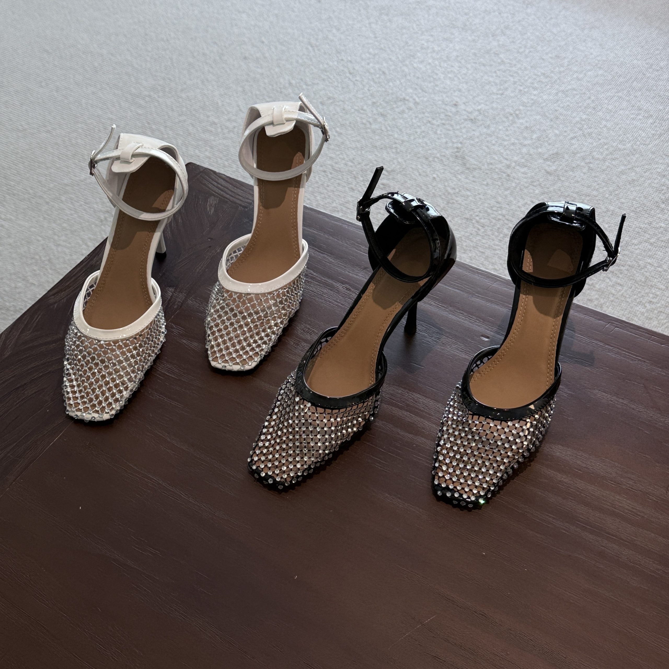 DIAIRIZ French Fairy Mesh Rhinestone Closed-Toe Sandals for Women 2025 Spring Square Toe High Heel Hollow Out Princess Style - Image 4