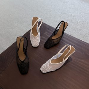 DIAIRIZ Women's White Lace Mesh Square Toe High Heel Backless Sandals 2025 Spring Sweet Party Chinese Style
