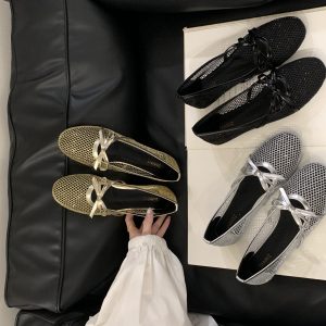 Women's Hollow Mesh Butterfly Bow Mary Jane Flat Sandals - Round Toe, Low Heel, Japanese Style